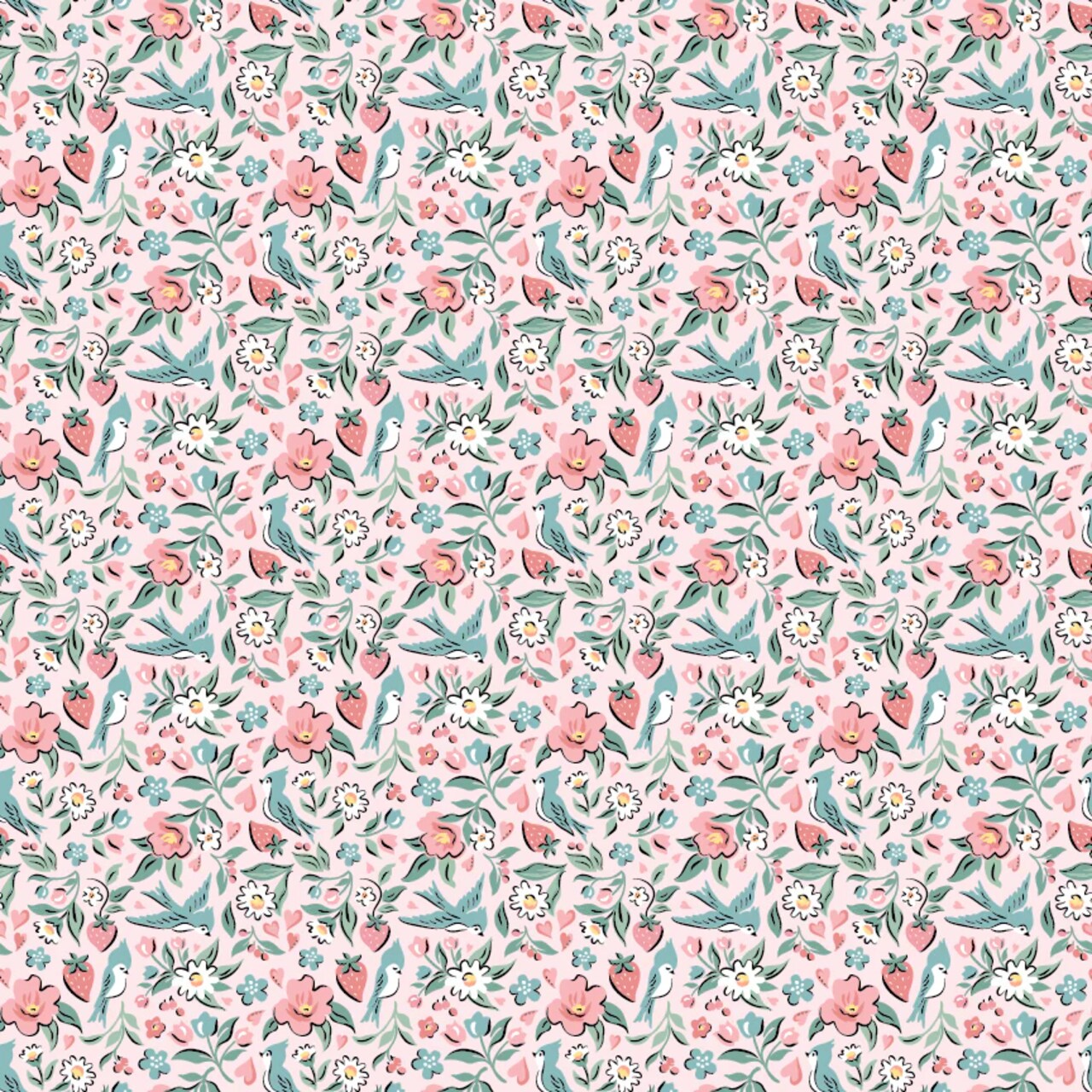 Fabric Poppie Cotton Pink Bluebirds & Berries Granny's Sewing Room by the Quarter Yard GS25903